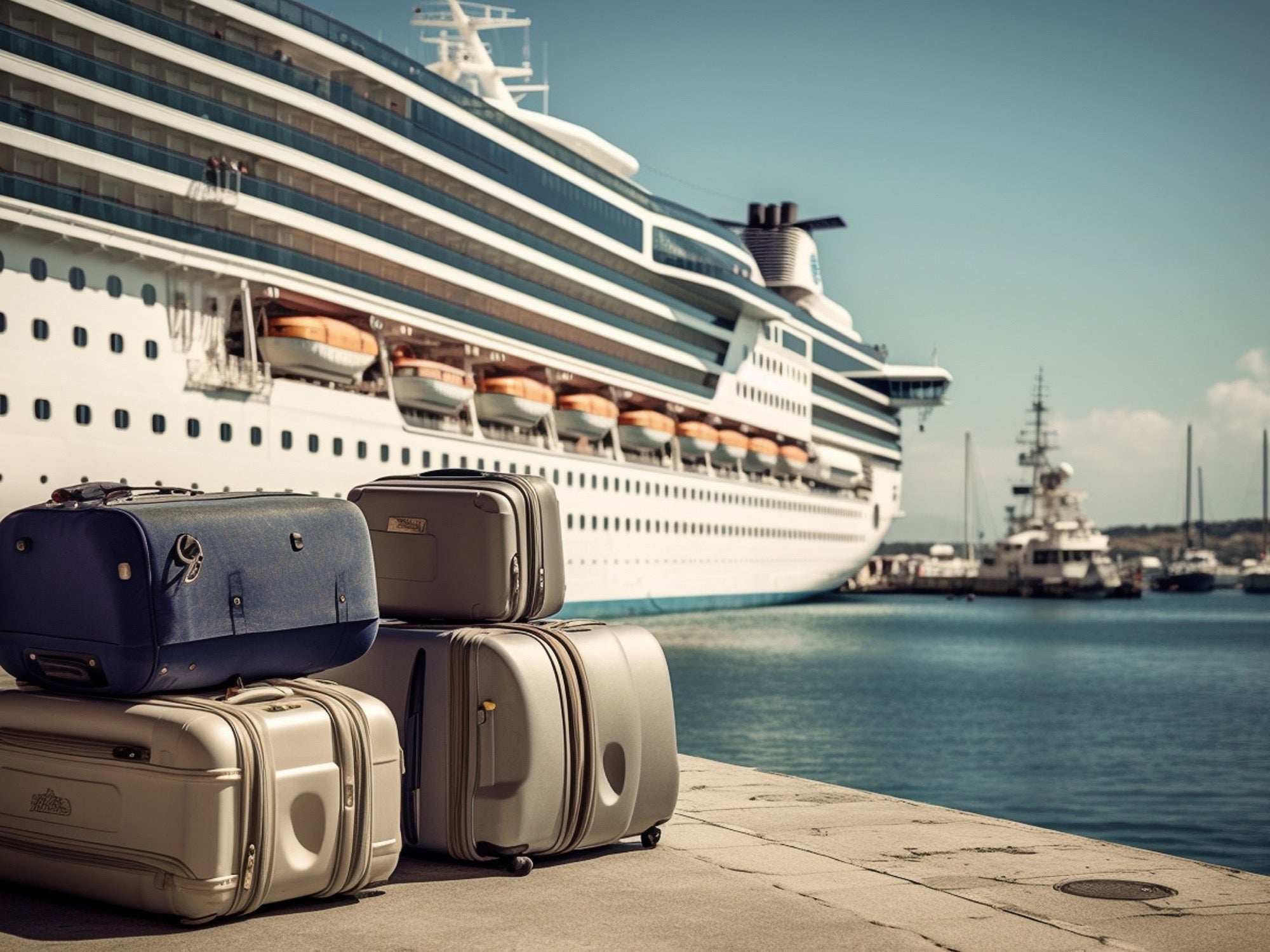 Suitcases beside a cruise ship at the start of a post-cruise stay