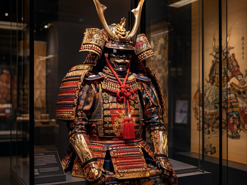 Samurai armor displayed in a museum gallery