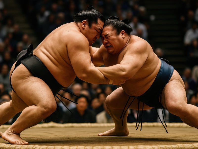 Two sumo wrestlers competing in an arena