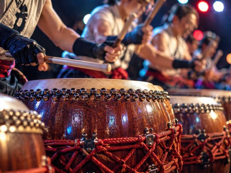 Taiko drummers performing on stage
