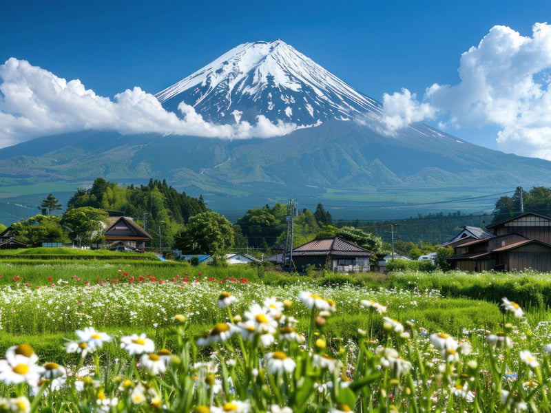 Mount Fuji above fields and a village