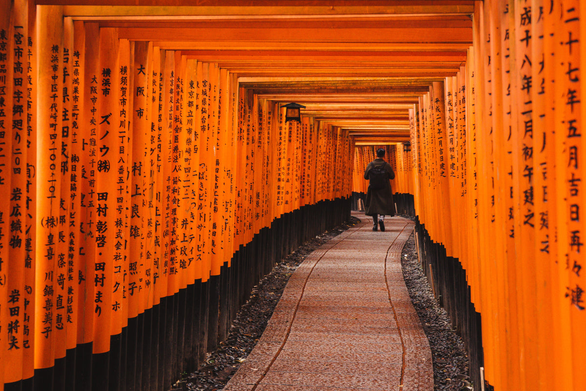 A figure walking a stone path through a long tunnel of vermilion torii gates.
