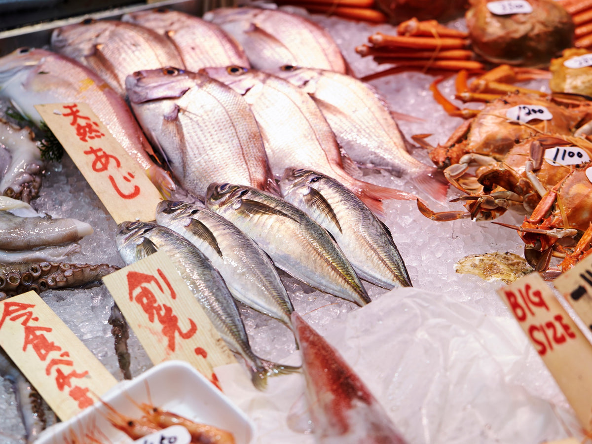 Fresh fish and shellfish displayed on ice at a Tokyo market