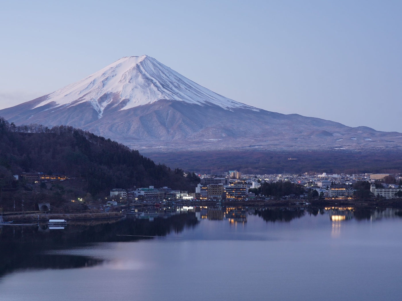 Mount Fuji and Lake Kawaguchi in evening light
