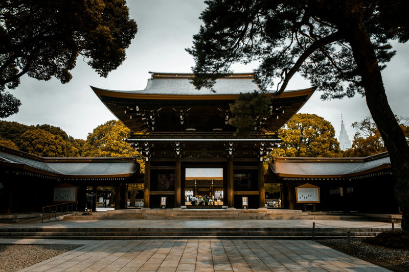 The wooden main gate of a shrine in Tokyo.